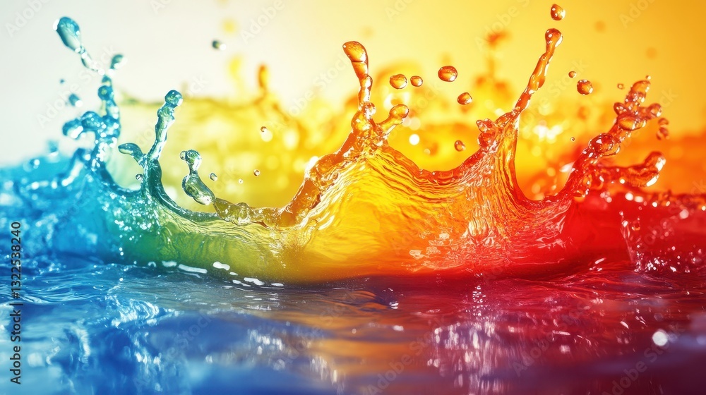 Poster colorful splash of water creating vibrant droplets against a gradient background during a sunny day