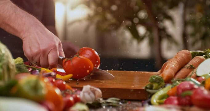 Chef cuts tomatoes close-up, slow-motion shot of human hands cutting tomatoes on wooden cutting board
