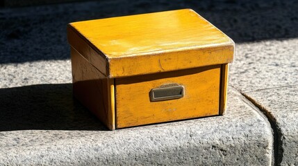 A small parcel box placed on a doorstep with natural sunlight.