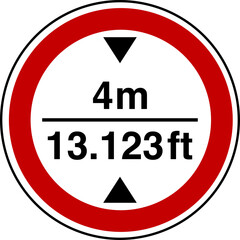 4 m height restriction circular sign sticker with conversion to 13.123 feet