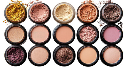 Chromatic Palette: A meticulously arranged collection of vibrant makeup jars, filled with an array of finely milled, eye-catching pigments, representing beauty, cosmetics, and style.