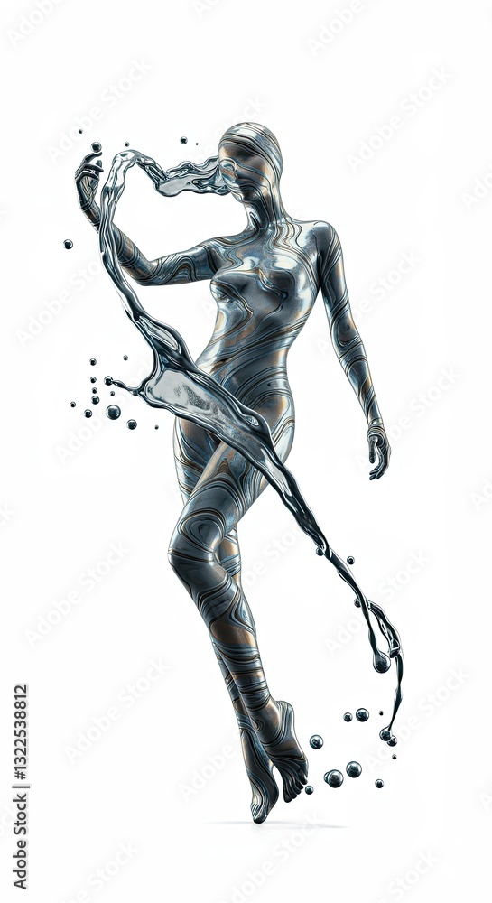 Poster futuristic metallic figure dancing with liquid splash in dynamic motion