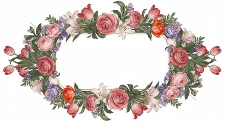Elegant floral frame with roses and tulips for invitations or weddings