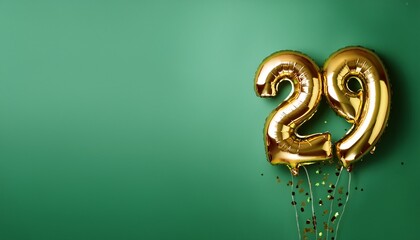 Banner with number 29 balloons on green background with copy space. Generated image