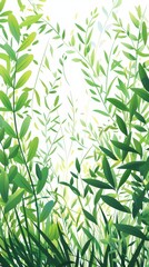 Spring plants and flowers with willow and rice, green bright flat illustration background with white space