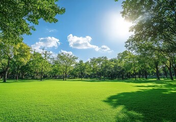 Obraz premium Lush Green Meadow Under a Bright Blue Sky with Fluffy White Clouds and Sunlight Casting Gentle Shadows on the Vibrant Grass Landscape