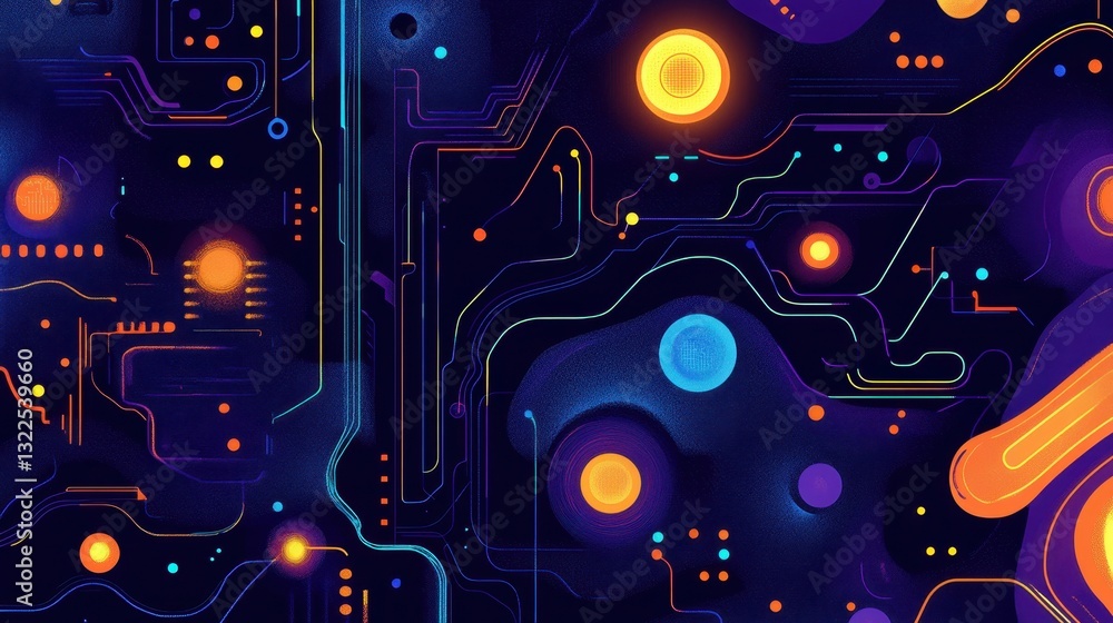 Poster Intricate network of digital circuits with orbs and lines showcasing technological connections in a dark backdrop