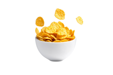 Bowl of yellow chips is shown in mid-air, isolated
