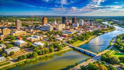 Fototapeta premium Aerial View of Downtown Waco, Texas & Brazos River - Cityscape Panorama