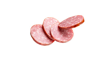 Close up of a piece of meat with the word "sausage" on it, isolated