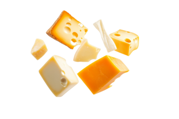 Close up of a variety of cheeses, including cheddar, mozzarella, and brie, isolated