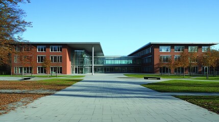 Modern brick school building with paved courtyard