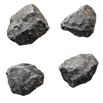 Four dark grey rocks isolated on transparent background natural stone texture