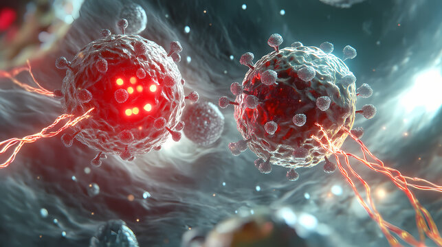 A detailed illustration of two white blood cells with prion virus fibrils and electric stripes between the cells,. Fractal Lumens. Illustration