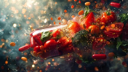 Striking dynamic explosion of red capsule releasing assortment of fresh nutritious foods with vibrant colors