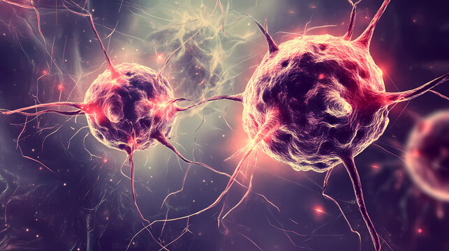 A detailed illustration of two white blood cells with prion virus fibrils and electric stripes between the cells,. Fractal Lumens. Illustration