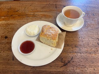 scone with clotted cream and strawberry jam, black tea
