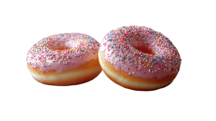 Sweet Delight: Two donuts glazed with a delicate pink icing and sprinkled with a rainbow of colorful sprinkles. A delicious and tempting dessert.