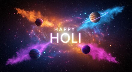 Fototapeta premium A vibrant celebration of Holi featuring swirling colors and twinkling stars in the night sky.
