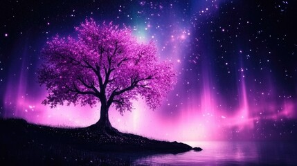 A lone cherry blossom tree standing under the mesmerizing glow of an aurora-lit night sky