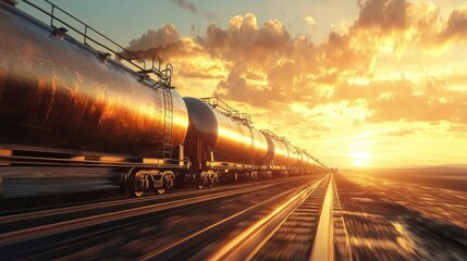 Naklejka premium A train with multiple gas tanker cars transporting fuel across an industrial zone.