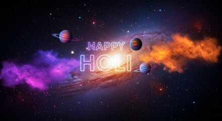 A vibrant Holi celebration featuring colorful balloons and fireworks against a backdrop of celestial bodies, celebrating unity and love in all its forms.