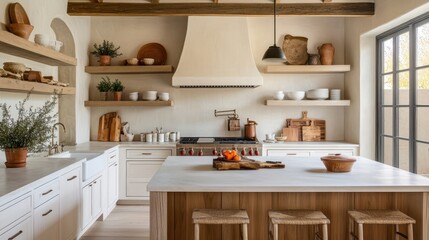 A stylish and modern kitchen interior with warm and neutral tones