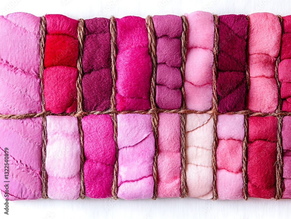 Poster handcrafted pink woolen bundles arranged artistically with rustic string