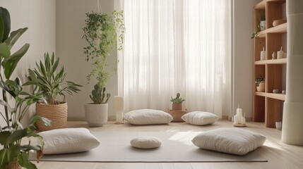 Serene Meditation Space: A tranquil yoga and meditation room, softly illuminated by natural light filtering through sheer curtains. The space is adorned with plants.