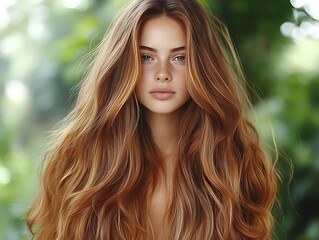 Naklejka premium A beautiful young woman with long wavy reddish brown hair