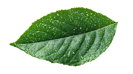 Emerald Dewdrop: A single, vibrant green leaf glistening with fresh water droplets, captured in high definition, offers a sense of freshness and purity.