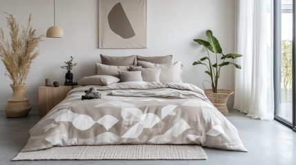 A modern bedroom interior featuring bedding and decorative elements