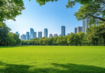 Fototapeta premium Lush green park area with skyline backdrop featuring modern skyscrapers and clear blue sky in a vibrant urban environment