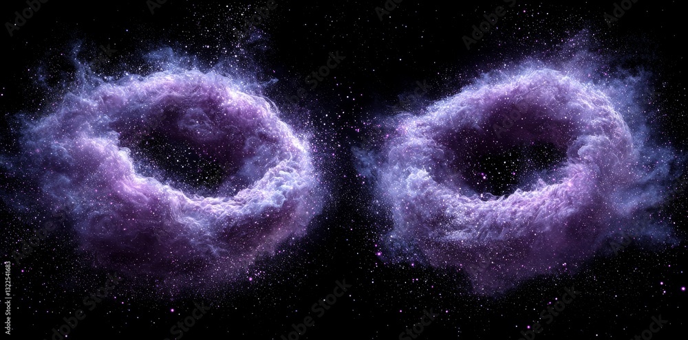 Poster purple abstract circle particle effect overlayed with a ring of swirling particles on a black and tr