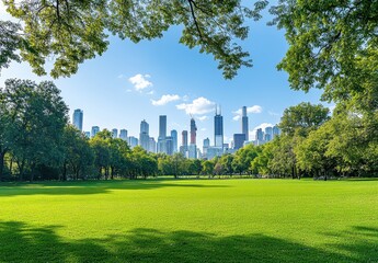 Lush Green Park Overlooking Skyscrapers in a Vibrant Cityscape on a Sunny Day with Clear Blue Sky and Barely Clouded Horizon