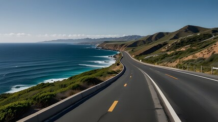 A scenic coastal road winding along the edge of a blue ocean