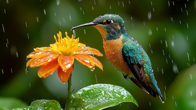 Fototapeta A hummingbird hovers motionlessly in the air, surrounded by animals and birds in a slow-motion shot