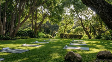 Tranquil Yoga Retreat: An inviting outdoor yoga space unfolds beneath a canopy of trees, where yoga mats await in anticipation of a peaceful session, suggesting serenity and well-being.