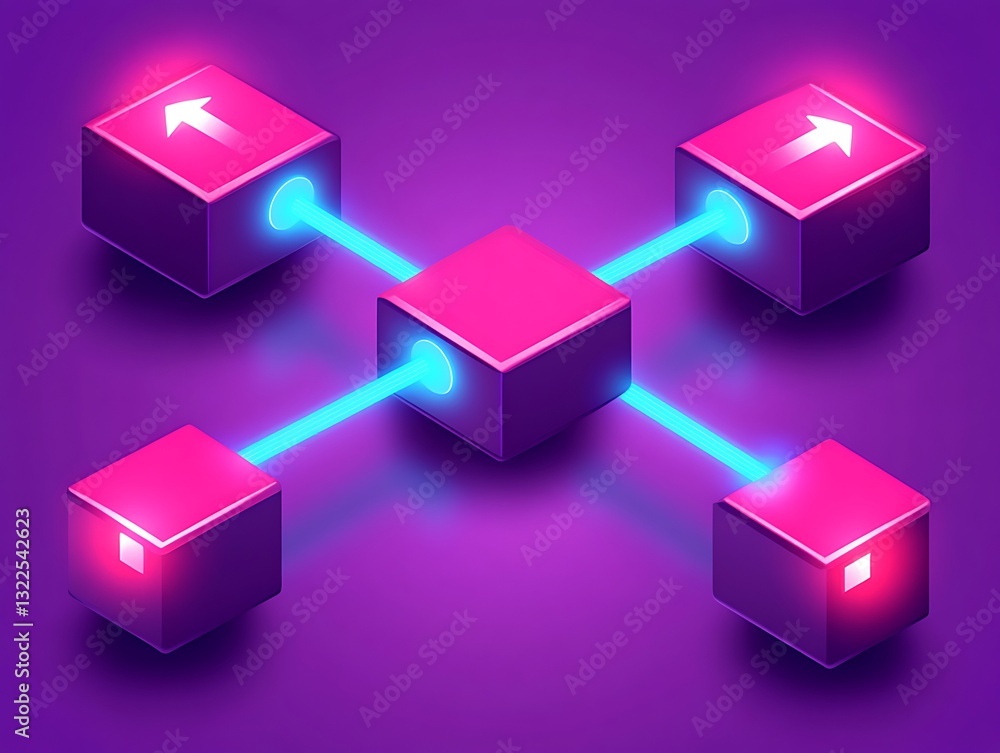 Poster interconnected nodes with glowing links on a vibrant magenta backdrop