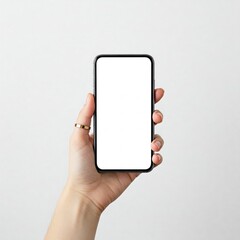 Close Up of Woman Hand Holding Modern Smartphone Mockup with Blank White Screen (High Quality Studio Shot