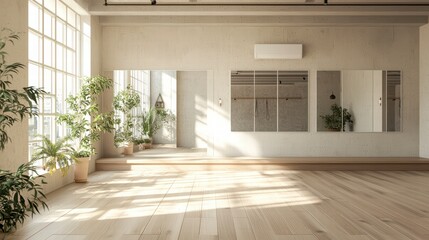 Fototapeta premium Serene Studio Space: A sun-drenched studio space invites with its minimalist design. Soft light bathes the room, highlighting the clean lines of the architecture and the warmth of the wood floor.