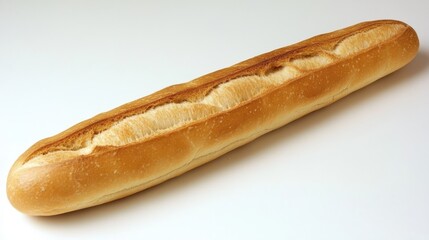 Freshly baked baguette with golden crust on a white surface emphasizing its artisanal qualities and inviting appeal