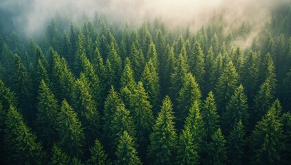 Fototapeta premium Lush Green Pine Forest with Mist Covering Trees at Dawn, Aerial View of Evergreen Landscape in Nature's Serenity and Beauty