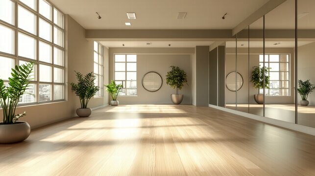 Spacious Interior: Capturing the essence of a modern, airy dance studio, the image features a light-filled space with wooden floors, large windows and potted plants.