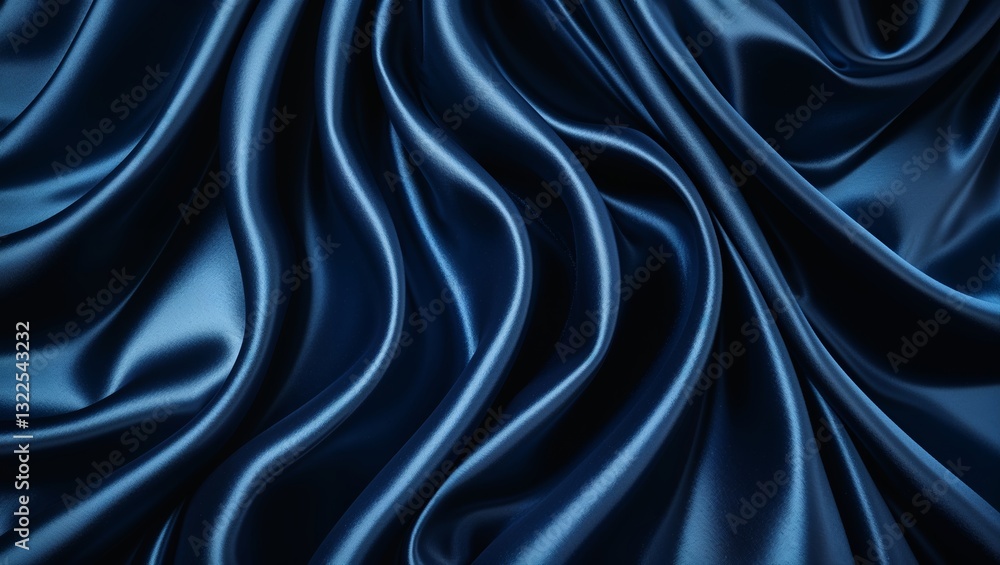 Poster smooth blue satin fabric drapes with elegant waves and rich texture under soft lighting in a serene 