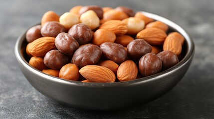 Obraz premium Mixed nuts coated in chocolate. A variety of nuts, including almonds and other varieties, coated in milk chocolate and dark chocolate. A healthy and delicious snack