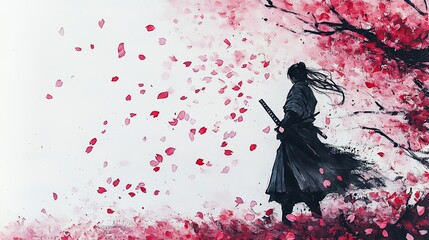 Sumi-e Painting of a Warrior Standing Beneath Cherry Blossoms