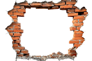 Destroyed wall with a red brick hole in the middle isolated on white background vertical frame grunge frame High quality photo