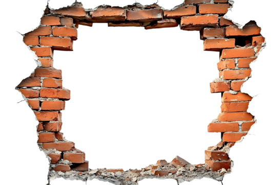 Destroyed wall with a red brick hole in the middle isolated on white background vertical frame grunge frame High quality photo
