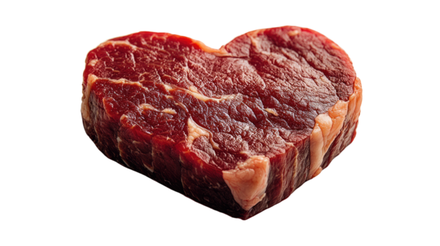 Love for Dinner: Heart-shaped raw beef, presented in a captivating visual that merges culinary artistry with romantic symbolism.